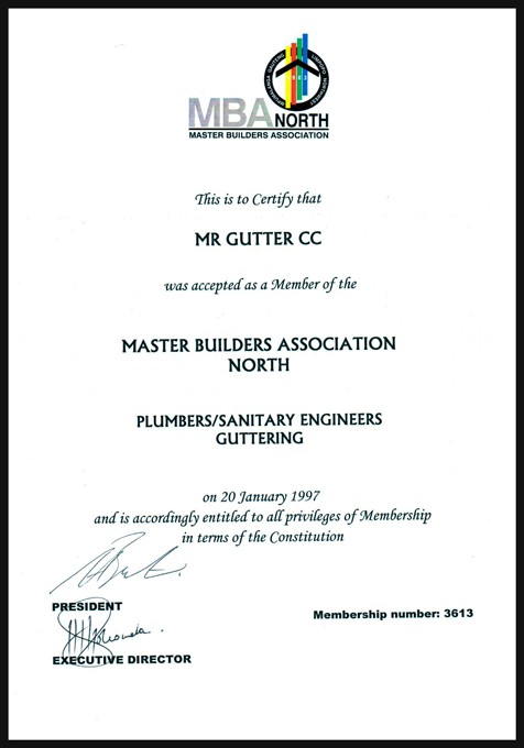 Mr Gutter Vaal MBA-Certificate-Mr-Gutter About Us  